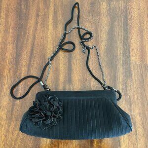 Kate Landry Black Satin Ribbon Floral Evening Clutch Purse Wedding 9" x 4"!